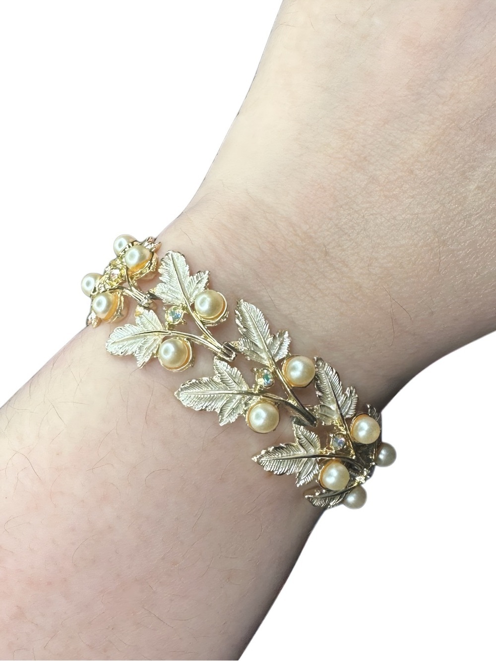 Judy Lee Vintage Gold Leaf and Pearl Bracelet - Women Jewelry